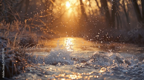 Sunrise Glow on a Winter Stream, Radiating Warmth Amidst Winter's Chill