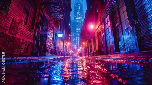 Desolate Alley in Electric Hues, Reflecting a Fusion of Darkness and Neon Vibrancy