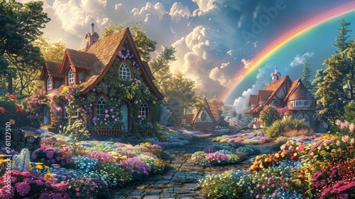 Storybook Houses with Lush Gardens, Basking in Rainbow Light, Inspiring Fantasy