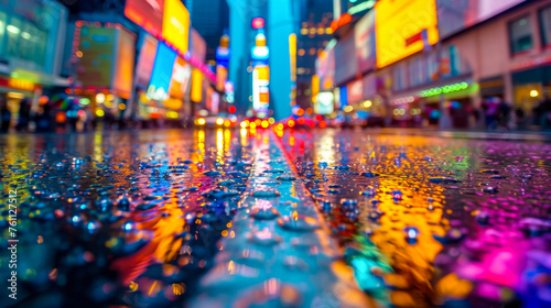 A rain shower transforms a city street into a canvas of reflected neon lights, each droplet a miniature prism, adding a surreal, magical dimension to the urban scenery