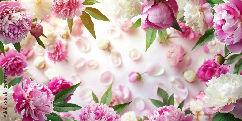Flat lay of spring flowers arrangement. Empty frame for text, pink and white flowers on a light white background. Flat lay of spring flowers arrangement. Empty frame for text, pink and white flowers on a light white background.