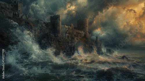 Stormy Seas Crashing Against Fortress Walls  Echoing Nature s Unyielding Force 
