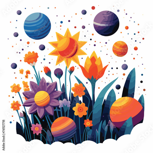 A celestial garden in space with planets as flowers