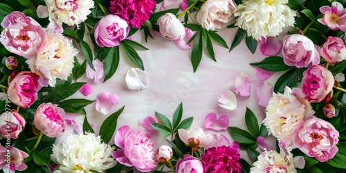 flower, pink, frame, spring, arrangement, peonies, jasmine, leaves, blank, top view, background, flowers, rose, tulip, tulips, roses, mock up, pattern, texture, design, summer, isolated, nature, love, © AI Studio
