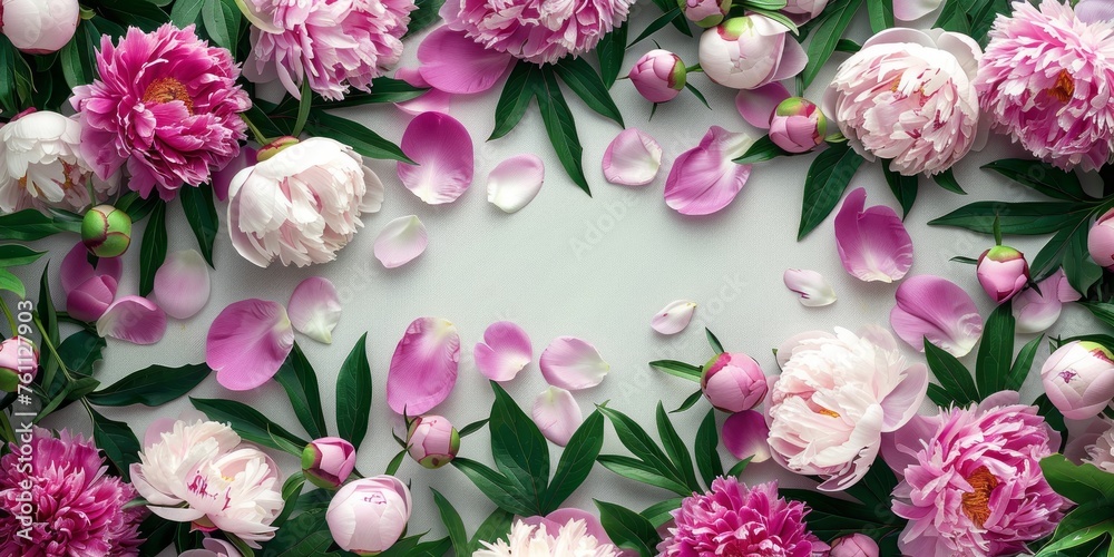 Fototapeta premium Top veiw of spring flowers arrangement. Empty frame for text, pink peonies flowers, jasmine leaves on a white background.