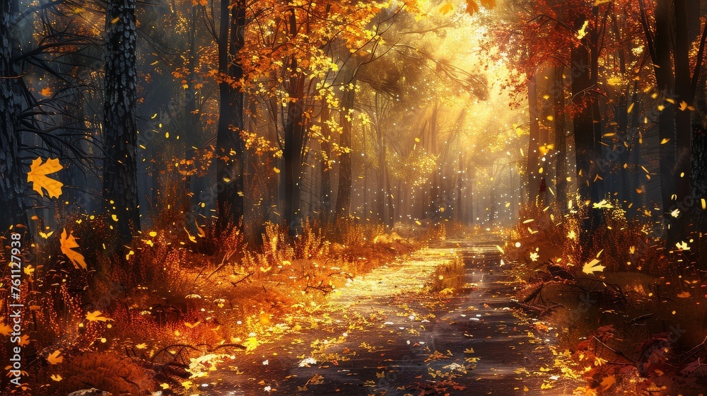Autumn Leaves Dancing in Forest Light, Creating a Symphony of Nature's Transience