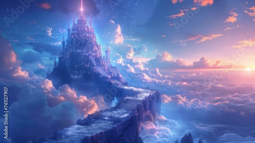 Celestial Castle Above Clouds at Dusk, Dreaming of Fantasy Worlds and Magical Journeys