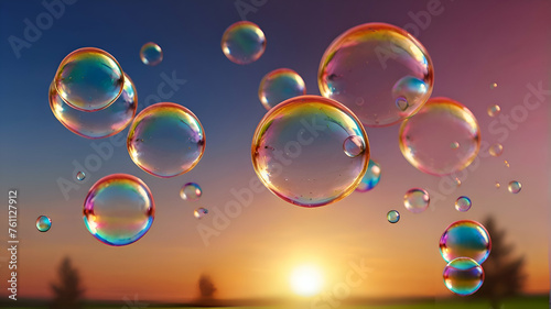 Abstract beautiful transparent soap bubbles floating on sunset background  romantic outdoor park backgrounds