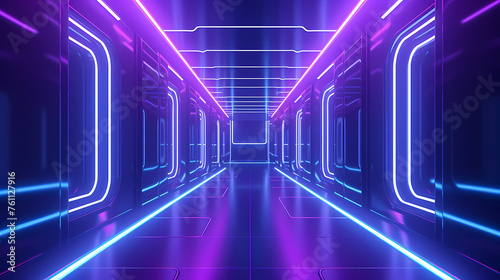 Futuristic sci-fi corridor with glowing and vibrant neon lights