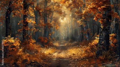 Autumnal Forest Path Bathed in Golden Light, Stirring Feelings of Warmth and Reverie