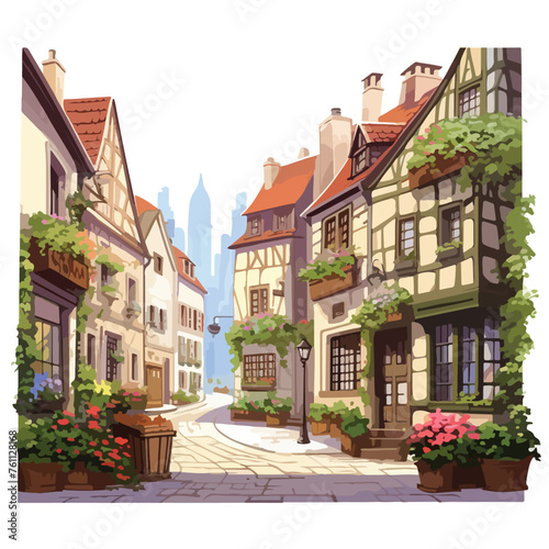 A charming European village scene with cobblestone