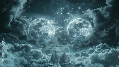 Dual Moons Over Mystical Winter Forest, Conjuring a Dreamlike Vision Under the Starry Sky

