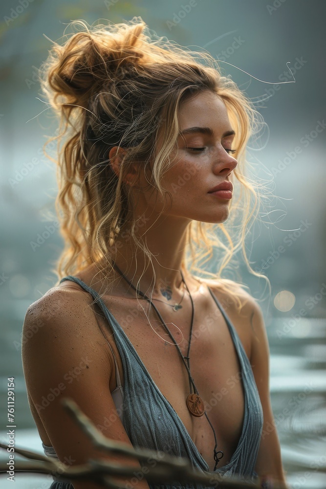 Wellness retreat attendee in peaceful meditation, surrounded by nature, reflecting tranquility Wellness retreat attendee in peaceful meditation, surrounded by nature, reflecting tranquility