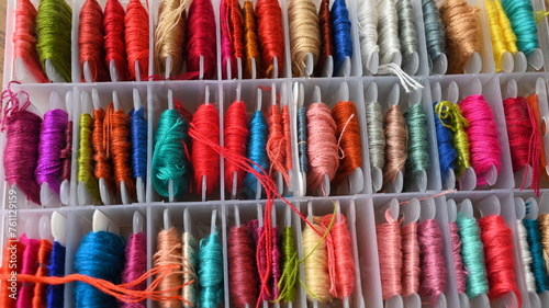 Box of colorful yarn