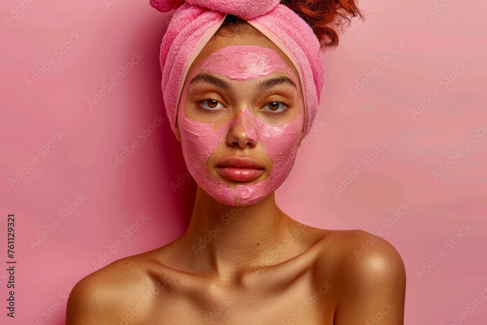Young Woman with Pink Facial Mask Posing on Pink Background, Beauty and Skincare Concept