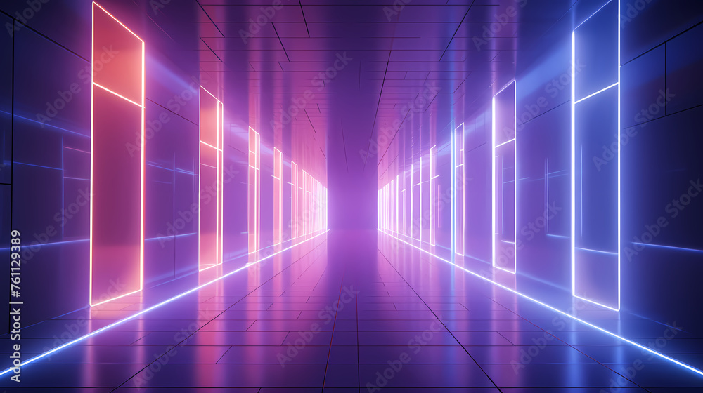 Modern corridor illuminated by neon lights Modern corridor illuminated by neon lights