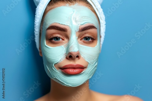 Young Woman with Refreshing Facial Clay Mask, Self-Care Routine, Wellness and Beauty Concept, Spa Treatment at Home on Blue Background