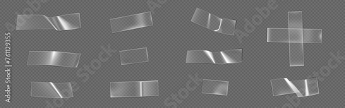 Transparent adhesive plastic cut tape patch. Realistic vector illustration set of rectangular and cross glue strip with wrinkles. Mockup of sticky crumpled sellotape film piece with overlay effect.