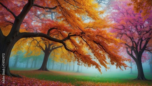 Colorful smooth tree stretches its branches adorned with vibrant leaves that cascade like delicate ornaments