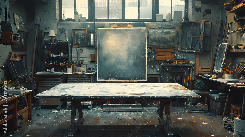 Artists studio in city building with table holding large painting