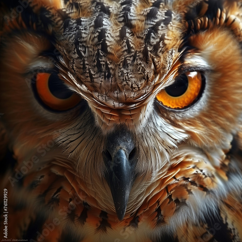 A close-up portrait of a great horned owl with piercing yellow eyes and brown feathers photo