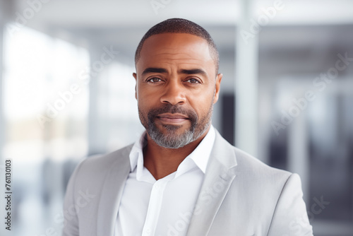 success black businessman in gray suit looking at camera smile in the bright office
