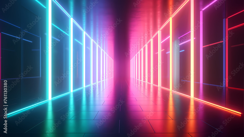 Modern corridor illuminated by neon lights Modern corridor illuminated by neon lights