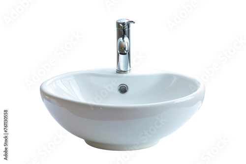  ceramic sink and faucet isolated on white background Real daytime first person perspective