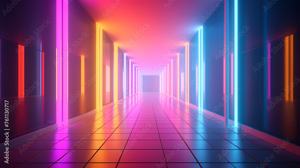 Modern corridor illuminated by neon lights