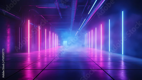 Modern corridor illuminated by neon lights