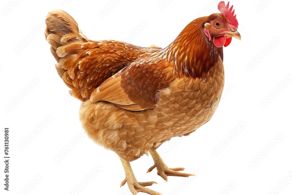 Fototapeta premium brown chicken hen standing isolated white background use for far first person view realistic daylight