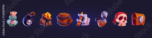 Pirate game ui icons set cartoon vector sack with golden coins, close wooden chest with treasure, letter in glass bottle, skull in red kerchief and white flag, barrel with rum, bomb and metal hook