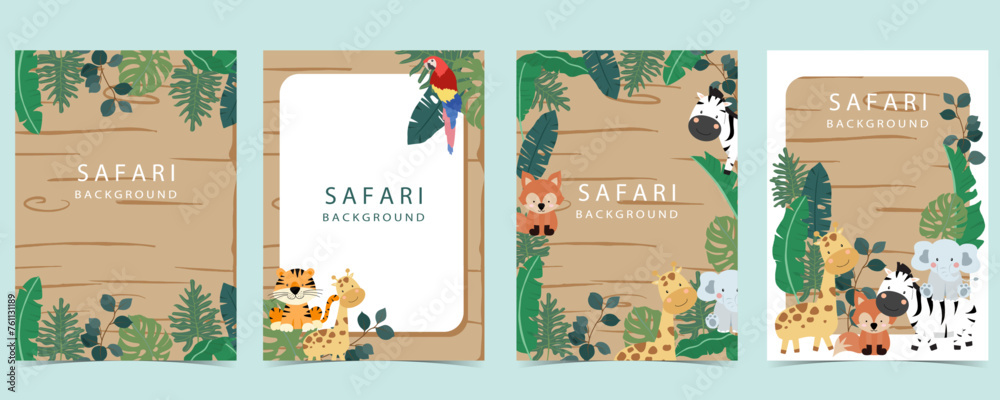 Naklejka premium safari banner with giraffe,elephant,zebra,fox and leaf frame.vector illustration for a4 design