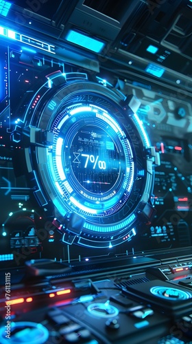 Futuristic Digital Interface Displaying Progress Bar with Holographic Elements in a High-Tech Space Ship Cabin