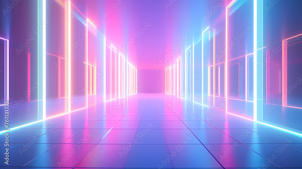 Modern corridor illuminated by neon lights Modern corridor illuminated by neon lights