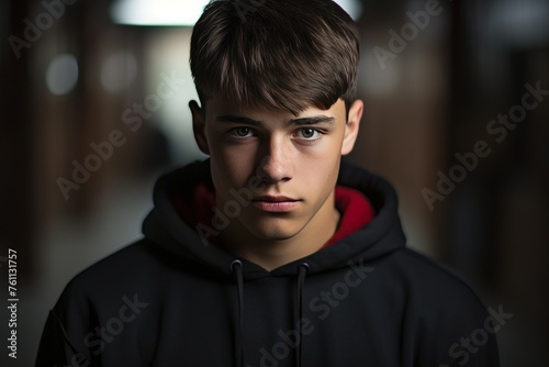 Portrait of a teenage prisoner staring intensely into the camera behind the bars of a prison cell