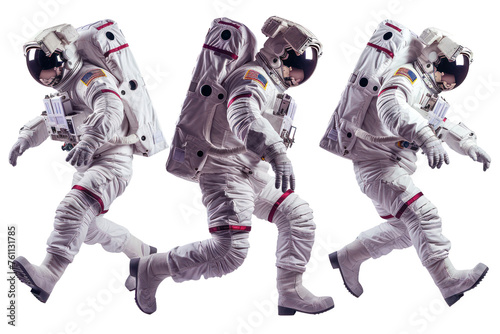  Astronauts in spacesuits set in different poses isolated on transparent and white background Real daytime first person perspective