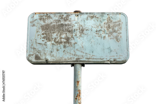  An empty vintage metal sign isolated on a white background. Realistic daytime first person view