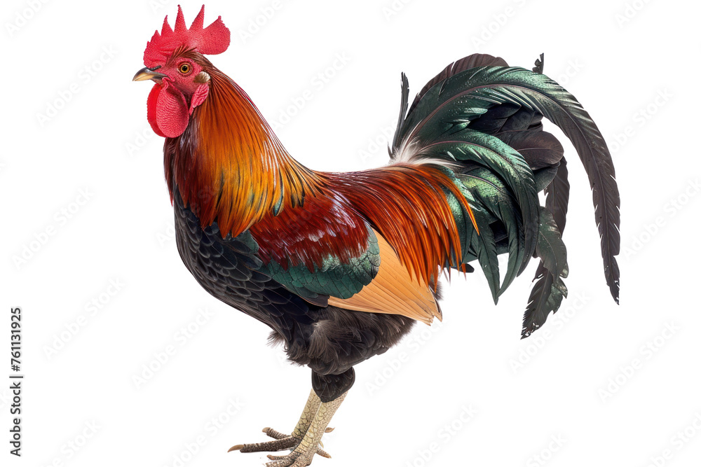 Fototapeta premium a rooster standing on a white background Real daytime first person perspective