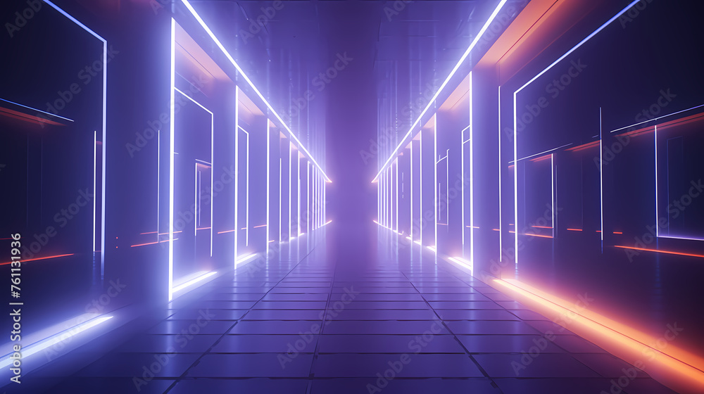 Modern corridor illuminated by neon lights Modern corridor illuminated by neon lights
