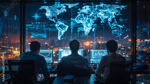 Visualize a dedicated cyber security team monitoring data screens in a high-tech command center. photo