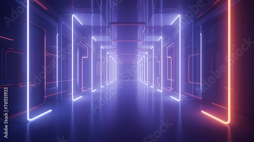 Modern corridor illuminated by neon lights