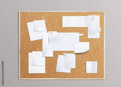 Cork board with white note papers attached with adhesive tape and pins. Realistic vector brown office corkboard with notepad pages and stickers for memory writings. Mockup for announcement notice.