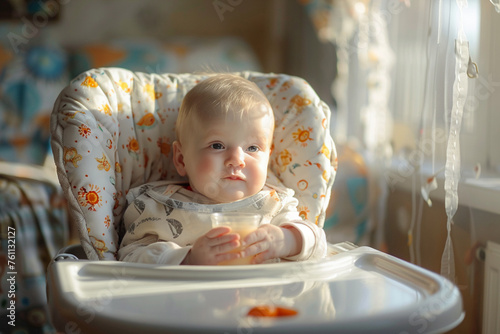 Joyful chubby fat baby in a high chair drinking
