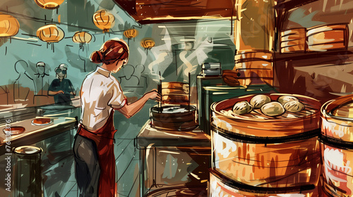 An illustration depicts a woman standing in a kitchen, crafting dim sum buns inside bamboo steamers.