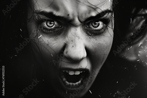 Girl yelling, black and white photo