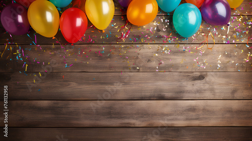 Happy Birthday Party with Colorful Carnival Background Confetti and Festive Wooden 