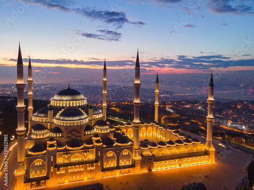 Camlica Mosque in the Sunset Colors Drone Photo, Camlica Hill Uskudar, Istanbul Turkiye (Turkey) photo