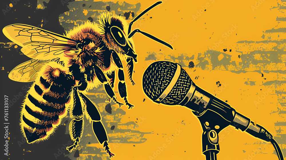vector illustration of a bee singing in Mike, generative Ai - obrazy, fototapety, plakaty 