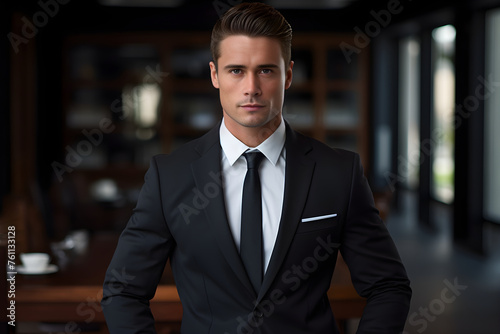Portrait of a Confident Businessman in Stylish Suit in Modern Office Environment
